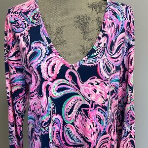 Lilly Pulitzer V Neck Hot Pink/Navy Long Sleeve Flamingo Print Cotton Dress Sz L